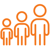 Three stylized figures representing different heights, symbolizing growth or age progression.