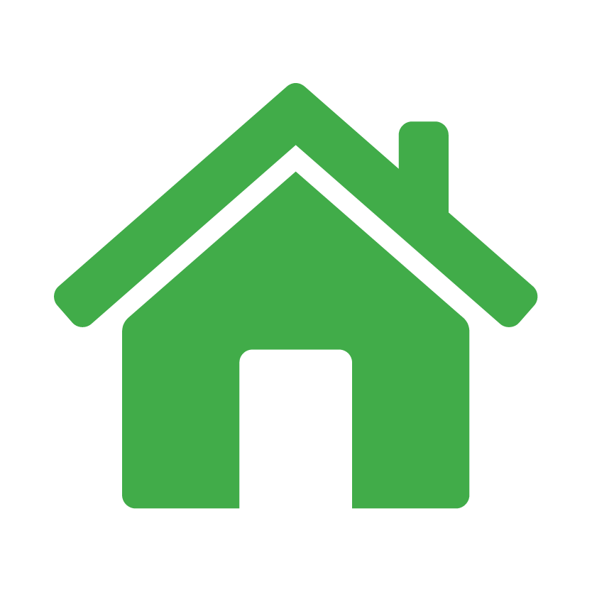 A simple green house icon with a triangular roof and a chimney.